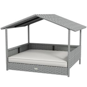 Wicker Dog House Outdoor Canopy Rattan Bed Water-resistant Cushion Cream White