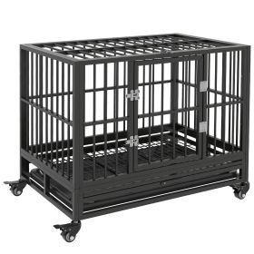 Heavy Duty Dog Cage 36 Metal Kennel with Lockable Wheels Double Door Removable Tray Gray