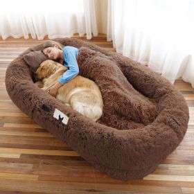 Human Dog Bed, Large Size Fits You and Pets, Washable Faux Fur Dog Bed for People Doze Off, Napping Orthopedic Dog Bed, Present Plump Pillow, Blanket (Color: coffee, size: 6XL(71"L x 45"W x 12"Th))