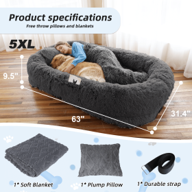 Human Dog Bed, Large Size Fits You and Pets, Washable Faux Fur Dog Bed for People Doze Off, Napping Orthopedic Dog Bed, Present Plump Pillow, Blanket (Color: DarkGrey, size: 5XL(63"L Ã—31.4"W Ã—9.5"Th))